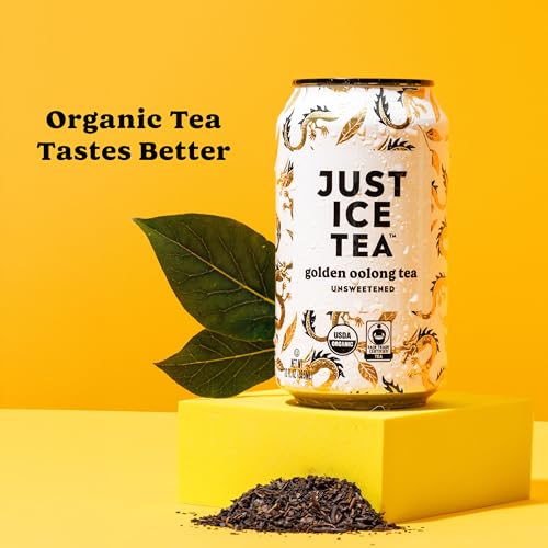 Image of Just Ice Tea, Golden Oolong Iced Tea, 12-Pack (12oz Cans), Green Tea, USDA Certified Organic, Real Brewed, No Calories, Unsweetened, Fair Trade, Made in USA.