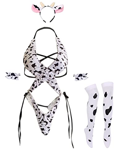 Costume de vache pour femme : ensemble bikini cosplay milk avec porte-jarretelles kawaii blanc