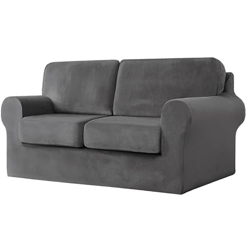 Mingfuxin Lot de 5 housses de canapé 2 places en velours extensible avec 2 dossiers séparés et housses de coussin et bande élastique de protection pour meubles (2 places, gris foncé) Cover