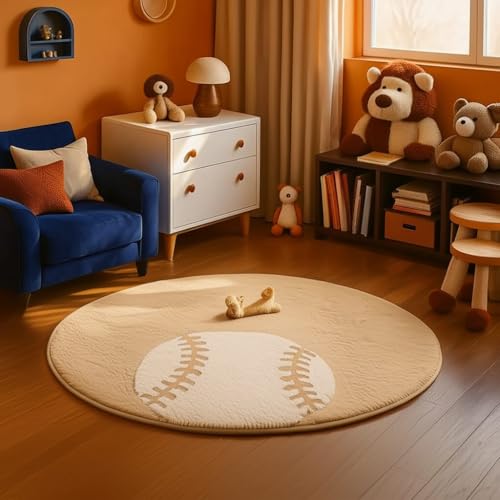 Image of Modern Shaggy Round Rug | Ultra-Soft Plush Circle Carpet for Living Room, Bedroom, Nursery | Fuzzy, Fluffy Area Rug with Non-Slip Base Beige Double Ball 4x4 feet
