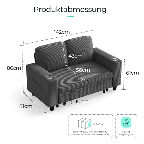 LINSY HOME Loveseat Sofa mit Stauraum – Bequemes Plüsch-Cord-2-Sitzer-Sofa mit Getränkehaltern, Sofa Klein für Kleine Räume, Wohnzimmer, Schlafzimmer, Wohnung