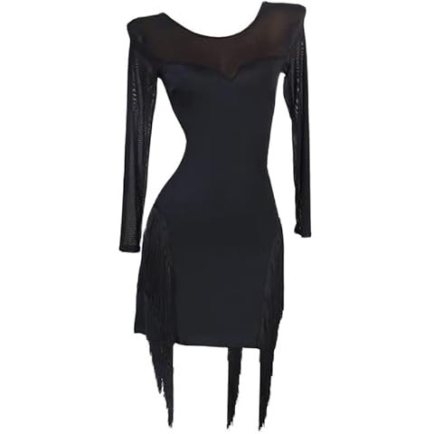 LIUHUO Latin Dance Group Pure Black V-Neck Long-Sleeved Slimming Competition Performance, Black, Medium Cover