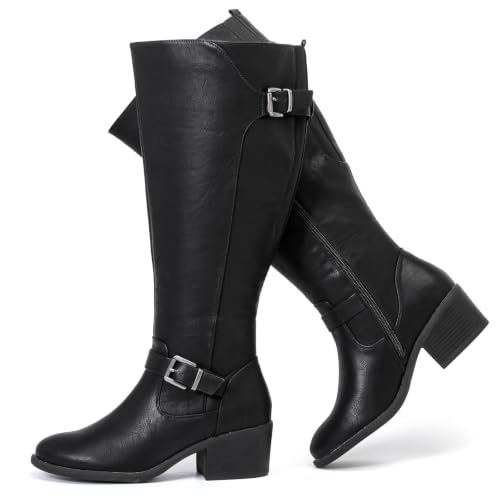 Image of Luoika Women's Extra Wide Calf Heeled Knee High Boots. | Wide Width, Winter Boots, Block Heel, Adjustable Buckle, Round toe