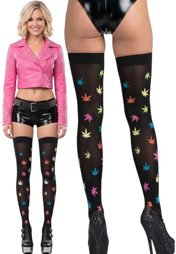 Image of ToBeInStyle Women's Crew Calf Fun Socks Marijuana Weed Leaf Print Novelty Statement Hosiery