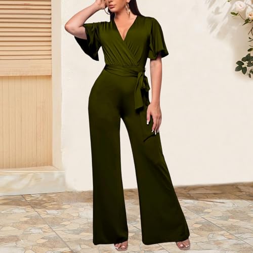 Image of PaladMom Womens Elegant Plus Size Jumpsuits Sexy Back zipper Short Sleeve Mid Waist Wide Leg Straight Rompers