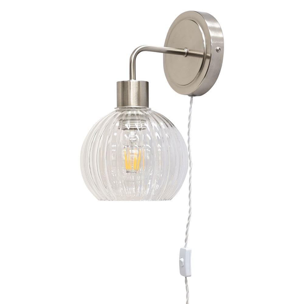 Firstchoicelighting Satin Nickel & Clear Satin Nickel Plug In Wall Light Or Bedside Reading Lamp With Clear Ribbed Glass Shade