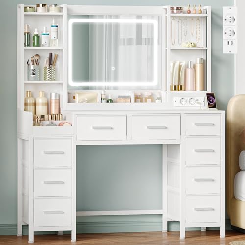 Hzuaneri 120 cm Tocador con Espejo, Tocador de Maquillaje con Luz LED, Mesa de Maquillaje con Prácticas Tomas de Corriente, 9 Cajones, Estantes Abiertos Mesa, Blanco