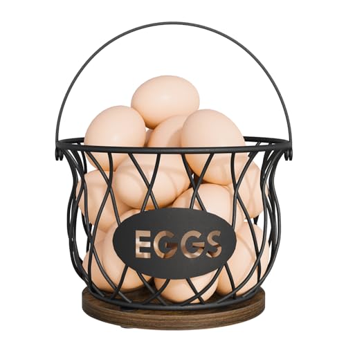 YINMIT Chicken Egg Basket, Round Egg Collecting Basket for Gathering Fresh Eggs, Farmhouse Wire Egg Basket with Handle, Egg Collector with Heavy Base for Kitchen Countertop