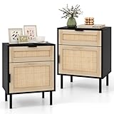Giantex Rattan Nightstand Set of 2, Mid Century Modern End Table with Drawer & Cabinet, Sofa Side Table with Sturdy Metal Legs, Wood Bedside Table for Bedroom, Small Spaces, Black & Natural