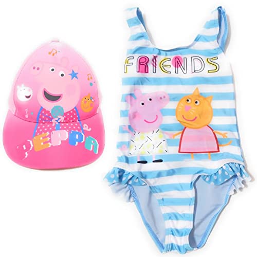 REQUETEGUAY Bañador Peppa Pig para Playa o Piscina + Gorra Peppa Pig para Niñas | Pack de Bañador y Gorra Ajustable de Peppa Pig (as4, Age, 2_Years, 3_Years, Regular, Azul, 4/5 años) Cover