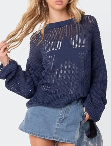CORIRESHA Women's Fashion Star Boat Neck Long Sleeves Oversized Knit Sweaters Cover Up2