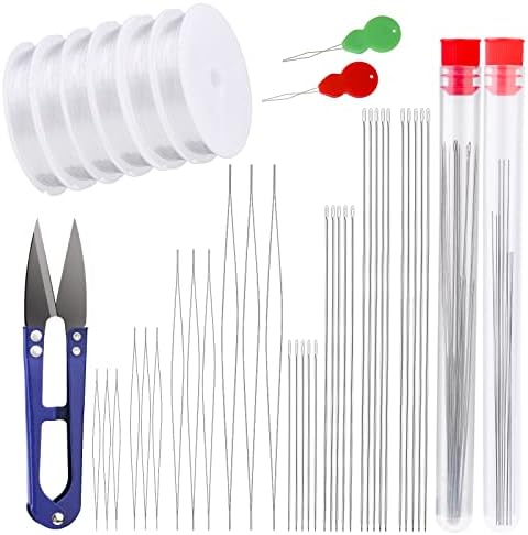 Beading Needles, 12 Pcs Big Eye Beading Needles, 20 Pcs Long Straight Beading Needle, 0.6mm Elastic String and Needle Threaders for Jewelry, Seed Beads, Pony Beads, Bracelets Making