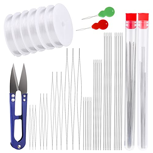 Beading Needles, 12 Pcs Big Eye Beading Needles, 20 Pcs Long Straight Beading Needle, 0.6Mm Elastic String And Needle Threaders For Jewelry, Seed Beads, Pony Beads, Bracelets Making #TOP3