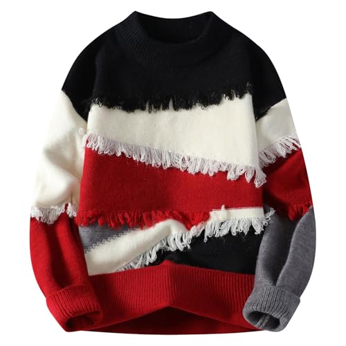 Men's Knitted Crewneck Sweater Long Sleeve Loose Fit Casual Pullover Color Block Cable Knit Fashion Warm Sweaters