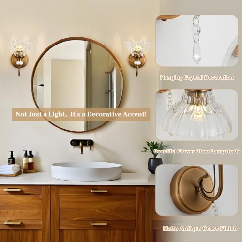 Image of 1 Piece Vintage Wall Sconce, 1-Light Matte Antique Brass Finish Wall Sconce with Hanging Crystal Accents and Flower-Shaped Clear Shades for Bathroom Bedroom Living Room,Vintage Vanity Light