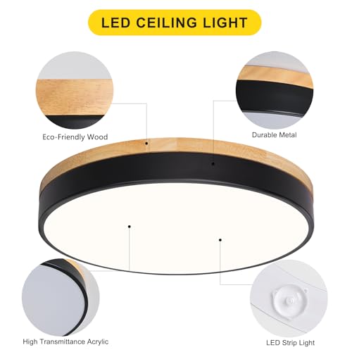 Image of Modern Wood Black Flush Mount Ceiling Light 15.75 Inch