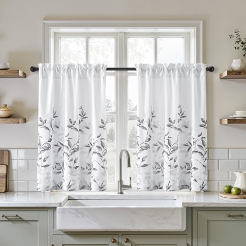 HOMEIDEAS Kitchen Curtains, Short Non-See-Through Privacy 30X36 Inch Length Tier Curtains, Grey and White Leaf Floral Printed Light Filtering Semi Sheer Small Window Drapes for Bathroom Cafe, 2 Panels