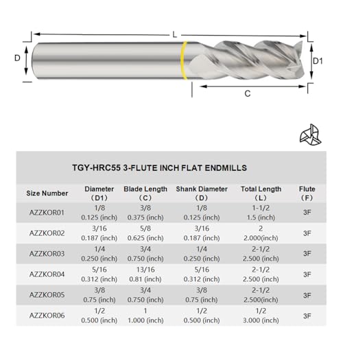 Image of Carbide Square End Mill HRC55 Double Edge 3 Flute AlTiN Coating Tungsten Steel, Color-Ring, for Aluminum Wood
