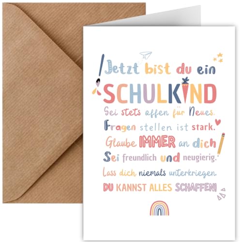 Einschulungskarte mit Mutmachsprüchen für Schulkind inkl. Umschlag | Karte Schulanfang Einschulung für Junge & Mädchen | Klappkarte DIN A6 Glückwünsche Schulstart Baby (Einschulung bunt)