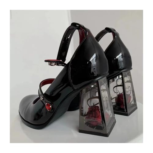 Women's Chunky High Heel Mary Jane Shoes Round Closed Toe Mid Heels Clear Block Patent Leather Double Ankle Strap Buckle Wedding Prom Party Dress Pumps2