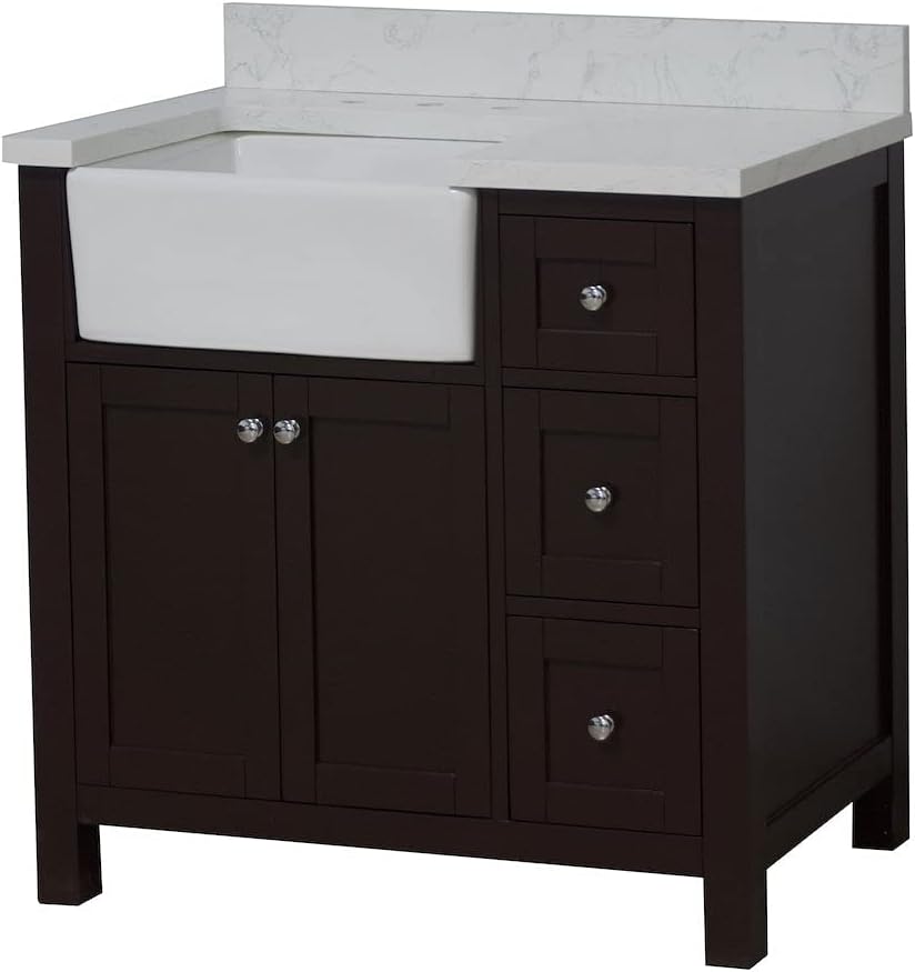 Yorkshire 36-inch Farmhouse Bathroom Vanity (Engineered Marble/Chocolate): Includes Chocolate Cabinet with Engineered Marble Countertop and White Apron Sink
