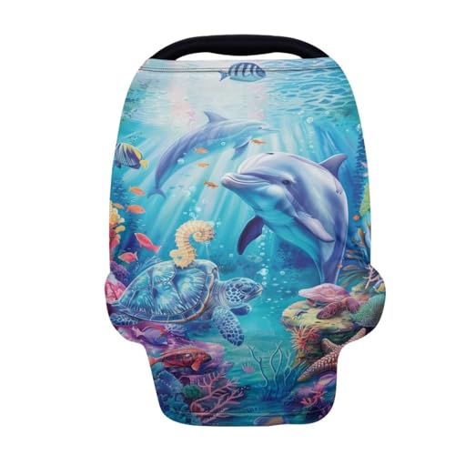 Image of Youngerbaby Dolphin Turtle Baby Car Seat Covers Nursing Cover Breastfeeding Soft Infant Carseat Canopy,Stretchy Breathable Cover for Stroller High Chair Shopping Cart Canopies