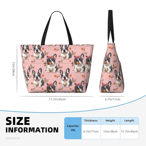 Large Beach Bags for Women Sandproof - Flower Cute French Bulldog Print Summer Work Travel Tote Bags with Zipper2