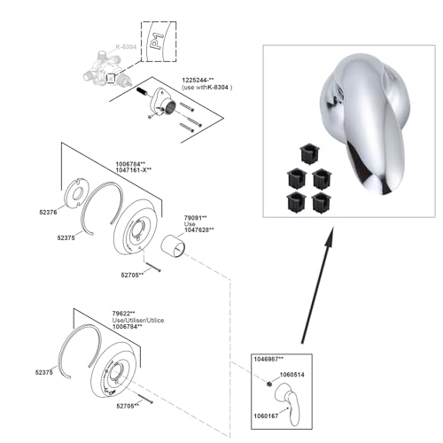 Shower Faucet Handle for Kohler Coralais 1046987, Compatible with Kohler Coralais Shower faucets, Shower Parts with 1060514 Handle Insert (Chrome) - Thumbnail 7