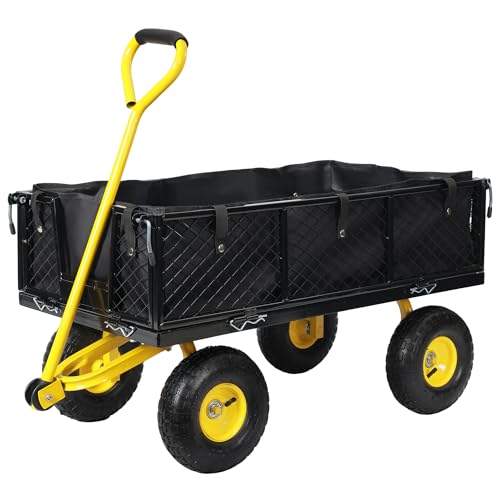SUNNYFEEL 500 Lbs Capacity Heavy Duty Mesh Steel Garden Cart,Folding Utility Cart with Removable Side Nets, Non-Slip Rubber Base, Black & Yellow,Upgraded Version