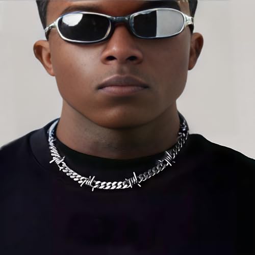 Barb Wire Choker Necklace Lock Pendant Necklace for Men Women Stainless Steel Layered Gothic Thorns Punk Chunky Chain Necklaces2