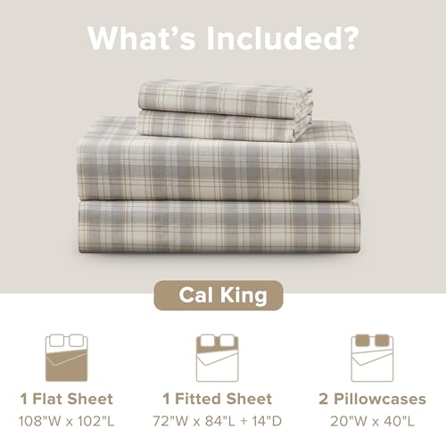Comfort Spaces 100% Cotton Sheets Cal King, Breathable, Naturally Cool Cotton Sheets, Cotton Bed Sheets with 14" Elastic Pocket Fits up to 16" Mattress, All Seasons Sheet Set, Wesley Taupe 4 Piece
