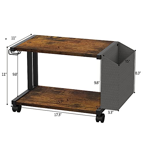 Vedecasa 2 Tier Rustic Brown Wooden Under Desk Printer Stand With Storage Bag For Home Office Desktop Printer Table Organizer Mobile Printer Shelf Cart With Caster Wheel #TOP2