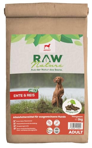 RAW Nature Trockenfutter Adult mit Ente 1kg, kaltgepresstes Hundefutter, Getreidefrei, 100% Muskelfleisch, hoher Fleischanteil, ohne künstliche Zusätze, für alle Rassen und Sensible Hunde geeignet
