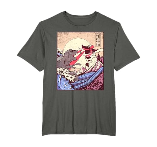 Vintage Retro Japanese Great Wave Cat Vs Monster Otaku Manga Camiseta