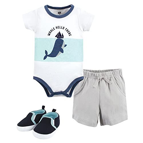 Image of Hudson Baby Unisex Baby Cotton Bodysuit, Shorts and Shoe Set