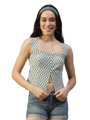 Image of oxolloxo Women Printed Top with Square Neck, Smocked Back, Shoulder Straps, Button Fly and Front Slit in Soft Poly Seersucker Dobby Fabric