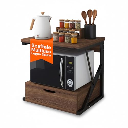Ottimizzazione Spazi: Il mobiletto cucina salvaspazio consente di organizzare elettrodomestici e accessori sfruttando lo spazio verticale, ideale per cucine piccole o ambienti open space ordinati.