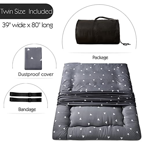 Grey Triangle Japanese Floor Futon Mattress, Tatami Floor Mat Portable Camping Mattress Kids Sleeping Pad Foldable Roll Up Floor Lounger Pillow Bed Twin Size With Mattress Protector Cover #TOP1