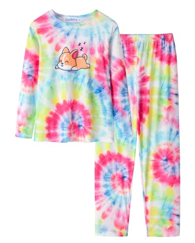 Image of Tie Dye Mermaid Sloth Christmas Halloween Pajamas for Girls Long Sleeve and Pants Nighty PJS 2-piece Set Size 6-16