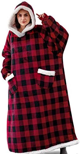 IvyH Hoodie Blanket, Long Wearable Blanket with Pockets Fluffy Flannel Sherpa TV Blanket Sweatshirt Winter Robe One Size Fits Men Women Adult
