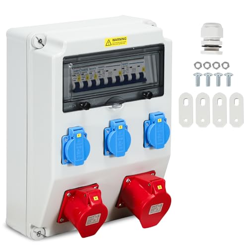 Gimisgu Répartiteur mural avec disjoncteur 5 pôles - Répartiteur de courant de chantier avec 3 prises Schuko et prise CEE 16/32 A - Pour l'intérieur et l'extérieur