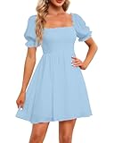 Holipick Women's Light Blue Dress Junior Teens Pastel Spring Easter Smocked Square Neck Puff Sleeve Flowy Short Summer Dress
