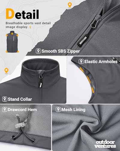 Outdoor Ventures Softshell Weste Herren Outdoor Fahrradweste Wasserdicht Winddichte Ärmellose Jacke Full Zip Atmungsaktive Laufweste Dunkelgrau XL
