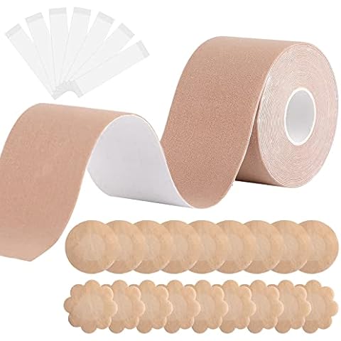 Weysoo Boob Tape, 5M Roll Bob Tape For Large Breasts, Breathable Booby Tape Breast Lift Tape with 20 Pcs Self-Adhesive Nipple Covers and 20 Pcs Invisible Double Sided Body Tapes Cover