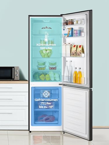 Heinrich´s Kühlgefrierkombination 269 Liter, Kühlvolumen 198L, Gefrierfach 71L,LED Beleuchtung,Kühlschrank Türanschlag wechselbar, leise 39dB,große Tiefkühlboxen, 7 Temperaturstufen, (inox-schwarz) – Bild 5