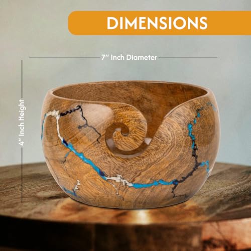 Image of Wooden Yarn Bowl for Crocheting, 7x4 inch Large Crochet Holder Gift Accessories and Knitting Gadgets Supplies Handcrafted with Mango wood Fractal Burning & Blue,White,Black Resin Inlay (M-Multi)
