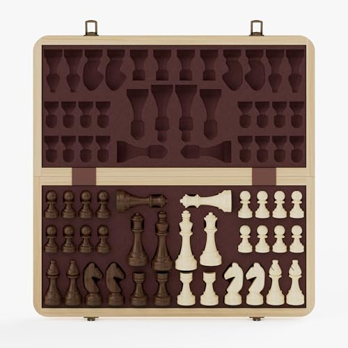 Image of 15 Inch Magnetic Wooden Chess Set, Pine Wood Folding Chessboard with Brown Dual-Sided Storage Trays, 2 Extra Queens & Dust-Proof Bag, Portable Travel Board Game(Natural)