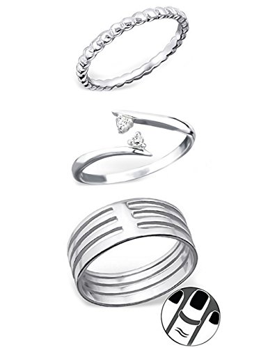 ICYROSE 925 Sterling Silver Set of 3 Textured, Double Crystal, Four Connected Above Knuckle Ring Mid Finger Top