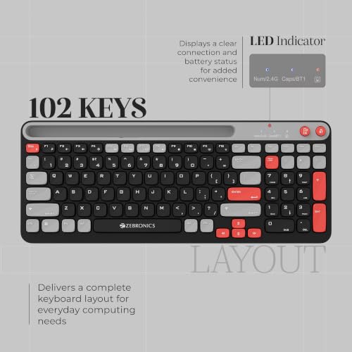 Image of Zebronics Keypad X3 Wireless Keyboard, 102 Keys, 12 Multimedia Keys, 2.4GHz + BT, UV Coated Keycaps, Mobile & Tablet Holder, ₹ Rupee Key, Retractable Stand, USB Nano Receiver (Midnight Black)