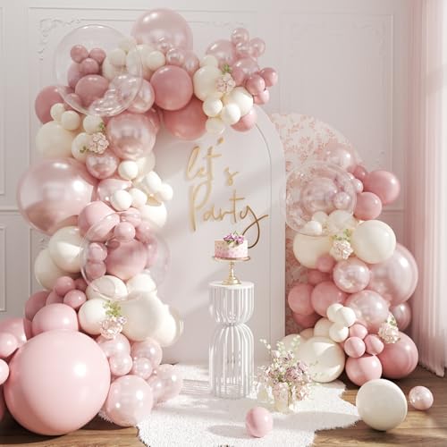 NUTTYBASH Dusty Pink Balloon Arch Kit Double Stuffed Pearl White Balloon Garland Kit for Wedding Birthday Baby Shower Gender Reveal Bridal Engagements Decorations